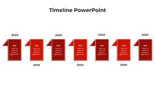Horizontal timeline with six red folded page graphics, each linked to a year placeholder and aligned on a central axis.