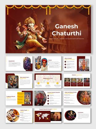 Ganesh Chaturthi slide deck with deity illustrations, festive decorations, and informative slides on history and traditions.
