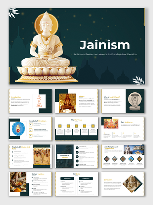 A pack of Jainism PPT slides featuring a peaceful 3D figure of Lord Mahavir, a prominent symbol, sitting meditatively.