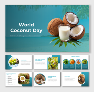 Slide deck with vibrant coconut visuals, and informative sections on types, benefits, and significance, with teal accents.