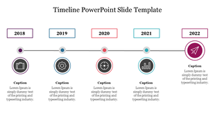 Horizontal timeline with five rectangular boxes with years from 2018 to 2022, each with circular icon and captions below.