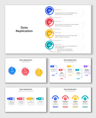Data replication slides with infographic style visuals, network icons, and circular elements in blue, red, yellow, and teal.