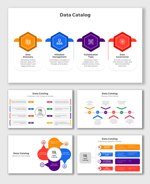 Colorful graphic slides illustrating data catalog features such as discovery, metadata, governance, and collaborative tools.