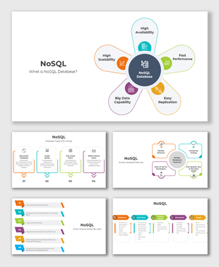 A pack of NoSQL PowerPoint slides features various colorful layout designs with icons and text descriptions on a white theme.