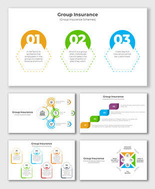 Group Insurance slide deck with icons, circular diagrams, step visuals, and labeled employee insurance benefit graphics.