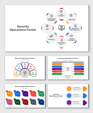 Security Operations Center slides with icons, multi-color process diagrams, SOC model types, challenges, and benefit visuals.