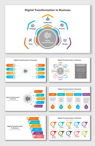 Diagram of digital transformation in business PPT slides with different layout designs with icons and text descriptions.
