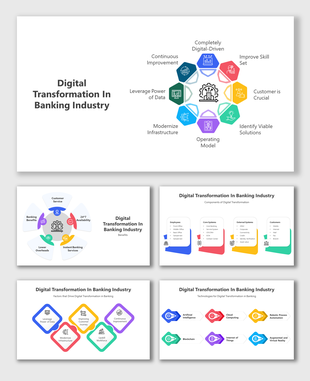 Digital banking transformation slides with colorful hexagonal and flowchart designs, illustrating key concepts and trends.
