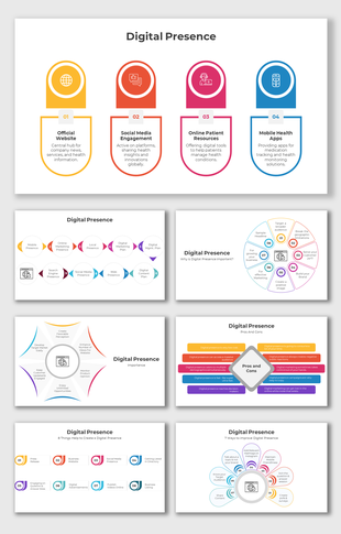 Digital presence slide deck with colorful infographics, circular and linear diagrams, and step by step process charts.
