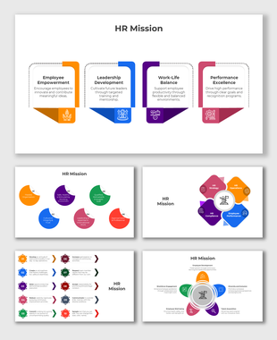 HR mission PowerPoint slides with colorful layout designs with icons and descriptions on a white theme.