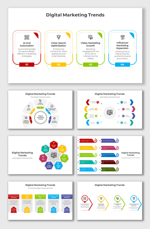 Digital marketing trends slides with colorful infographics showing AI, voice search, video, and influencer marketing icons.