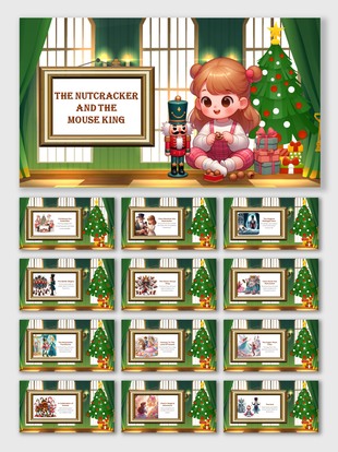 Children's story slides with a Christmas theme, showing a girl, Nutcracker doll, gifts, and framed titles beside a tree.