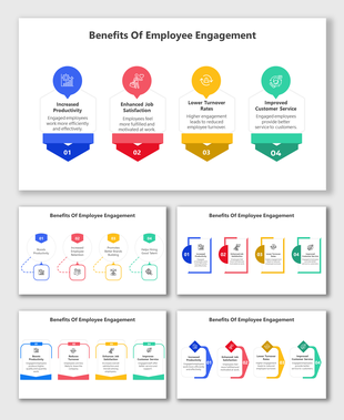 Benefits of employee engagement PowerPoint slides with different colorful layout designs with icons and descriptions.