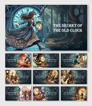 Story slides with a vintage girl detective theme, showing clocks, forest settings, clues, and puzzle scenes throughout.