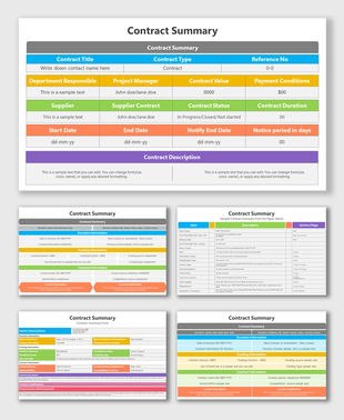 Multiple contract summary slide layouts using bold color coded rows and columns to organize contract and project data.