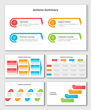 Action summary PPT slides outlining the steps in different colorful layout designs and icons with text descriptions.