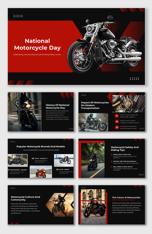 National Motorcycle Day slides with an image of a motorcycle and highlights of its safety, brands, and future trends.