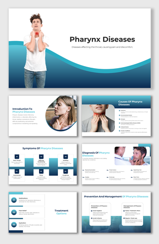 Pharynx diseases with blue gradient theme, medical images, symptom icons, and treatment and diagnosis sections.
