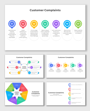 Customer Complaints PowerPoint slides with colorful layout designs and icons with text descriptions on a white theme.