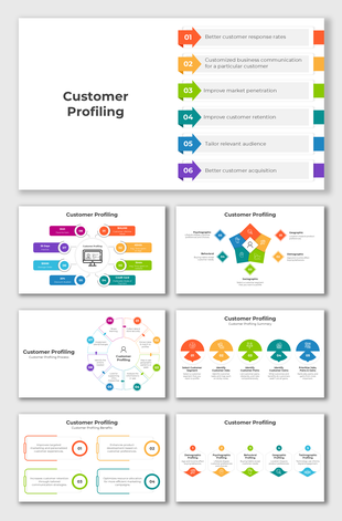 Infographic templates displaying customer profiling stages with flowcharts and circular diagrams in various layouts.
