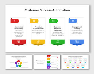 Infographic templates displaying customer success automation process with linear designs and colorful stages.