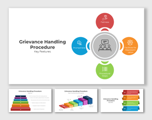 Infographic design for grievance handling, showcasing features like procedural steps, representation, and fairness.