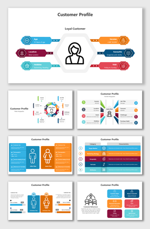 Infographic designs representing customer profile data, highlighting characteristics like age, income, location, and hobbies.