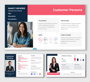 Customer persona infographic showing personal attributes, frustrations, skills, and career goals of ideal customers.