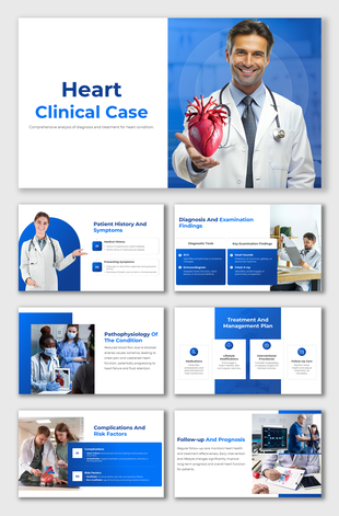 A medical presentation template displaying the analysis of a heart clinical case with diagnostic tools and treatment plans.