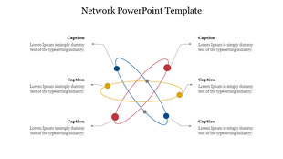 A network themed PowerPoint template showing colorful dots and lines forming connections, with placeholder captions.