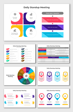Daily standup meeting layout with colorful blocks highlighting meeting rules, progress tracking, and focus on team alignment.