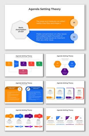 Colorful agenda-setting theory infographic illustrating how media filters reality, affecting public perception and issue fram