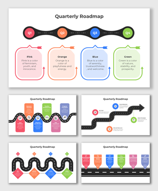 Quarterly roadmap showing strategic goals and milestones with a wavy road design and vibrant color-coded sections.