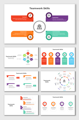 Teamwork skills chart showing practical and interpersonal skills for collaboration, with icons and labels for each category.