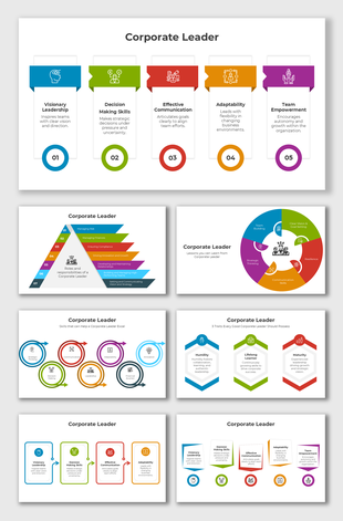 Infographic showing key corporate leadership skills like vision, adaptability, effective communication, and team support.