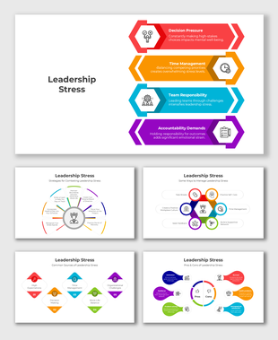 Infographic on leadership stress factors like decision pressure, time management, team responsibility, and accountability.