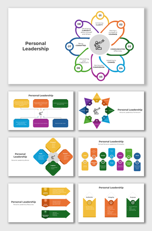Professional Personal Leadership design using circular shapes, icons, and text boxes to highlight personal growth strategies.