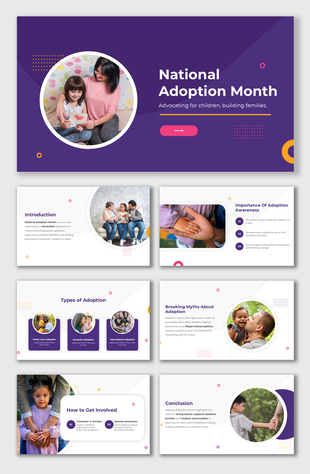 Vibrant presentation for National Adoption Month highlighting foster care, awareness, and involvement with purple accents.