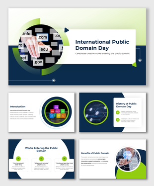 International Public Domain Day slides with navy and green theme, circular images, and focus on creative works and benefits.