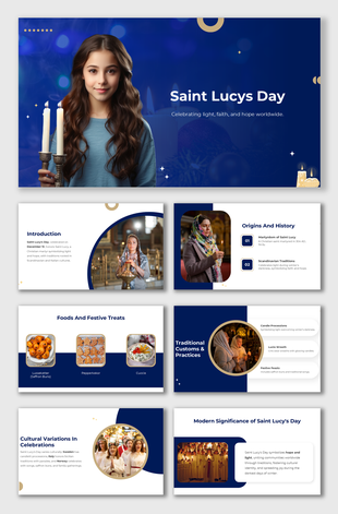 Saint Lucy's Day slides with candle procession visuals, wreaths, and festive saffron buns, in vibrant thematic colors.