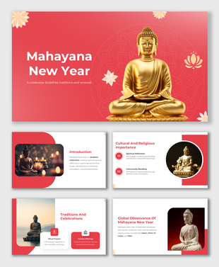 Mahayana New Year slides with red and gold theme, Buddha imagery, cultural insights, and spiritual significance highlights.