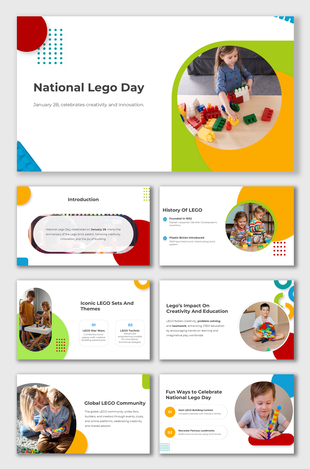 National Lego Day slides with playful red, yellow, and green accents, circular image, and focus on creativity and innovation.