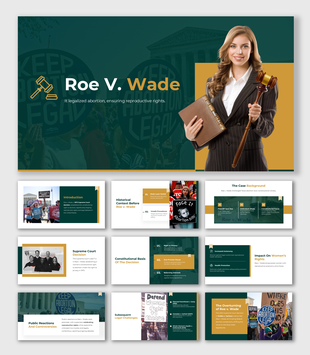 Roe v. Wade slides with green and yellow colors, highlighting legal history and reproductive rights impact.