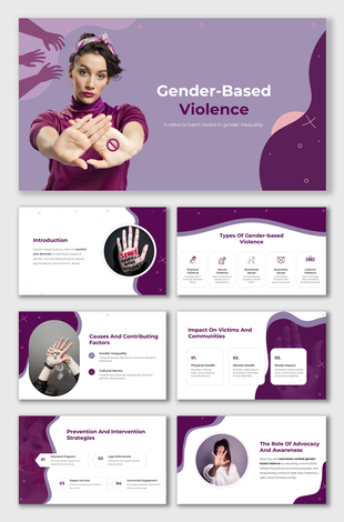 Gender Based Violence slides with purple theme, highlighting types, causes, and prevention through advocacy and education.