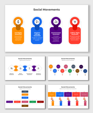 Social Movements templates with vibrant icons for civil rights, environmental, and LGBTQ+ rights, featuring gradient color.
