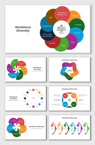 Workforce Diversity slide highlighting age, gender, and culture inclusivity in a colorful circular layout.