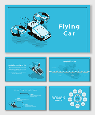 Flying Car slide with a futuristic design, blue theme, drone-style flying car, key uses, working mechanism, and benefits.