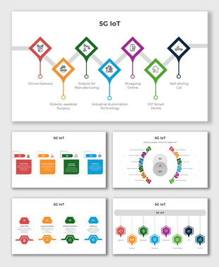 5G IoT applications include drone delivery, smart homes, and self-driving cars with vibrant icons and connected layouts.