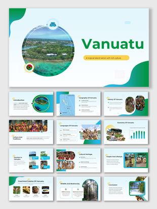 Vanuatu presentation with green-blue design, highlighting history, culture, economy, cuisine, wildlife, and tourism insights.