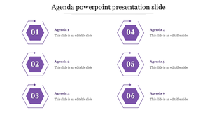 Sequence of six purple hexagons with arrows outlines, numbered from 01 to 06, arranged in two columns.